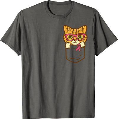 Breast Cancer Shirts For Women Survivor Gifts Pocket Cat Ribbon Breast Cancer Awareness Men Women Kids T-Shirt