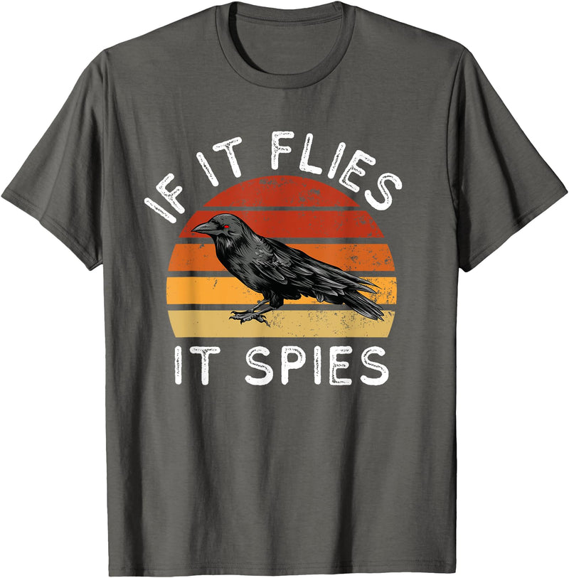 Funny If It Flies It Spies Clothing Co Vintage If It Flies It Spies Crow Bird Halloween T-Shirt - Asphalt Grey
