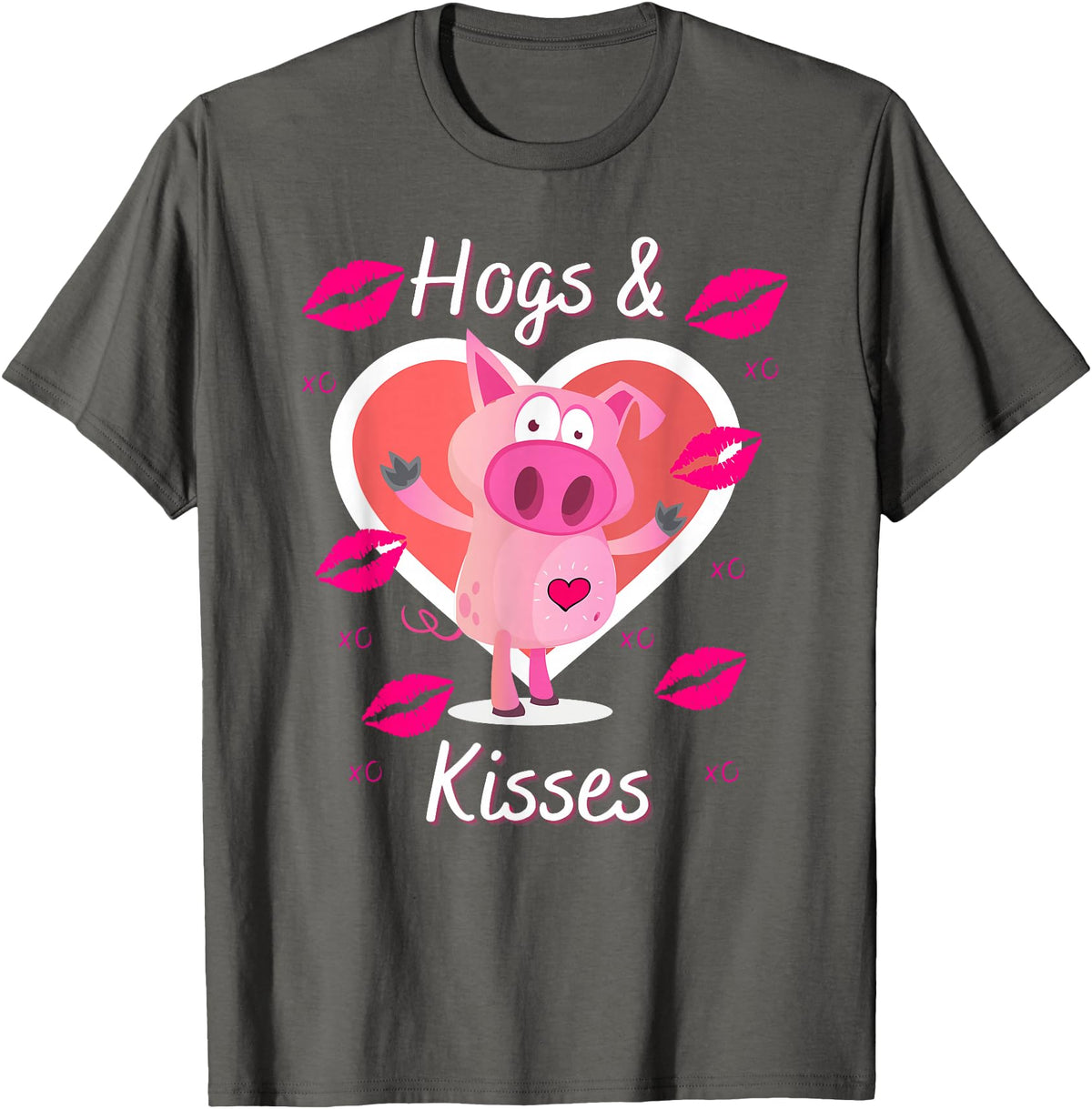 Love Heart Hogs & Kisses Funny Pig Pun on Hugs & Kisses T-Shirt - Asphalt Grey