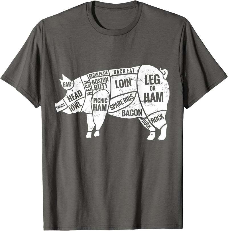 Pig Diagram T-Shirt | Butcher T-Shirts Pig and Pork Diagram Shirt, Butcher Shirt, Bacon Tee T-Shirt - Asphalt Grey
