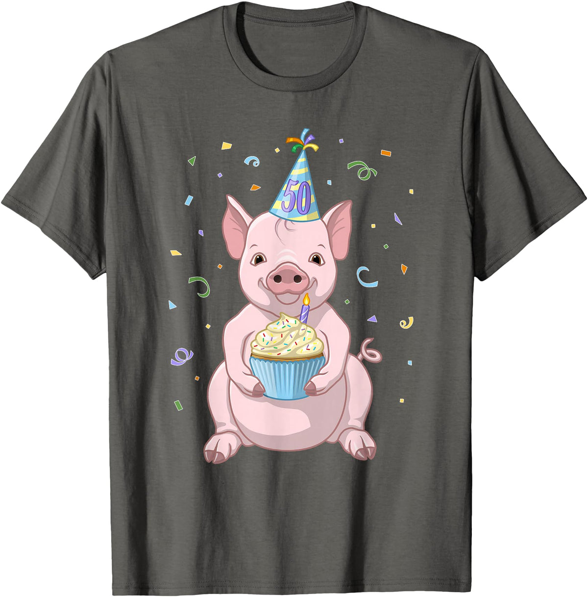 Funny Party Animals Cute Pink Pig Party Hat 50th Birthday Cupcake Gift T-Shirt - Asphalt Grey