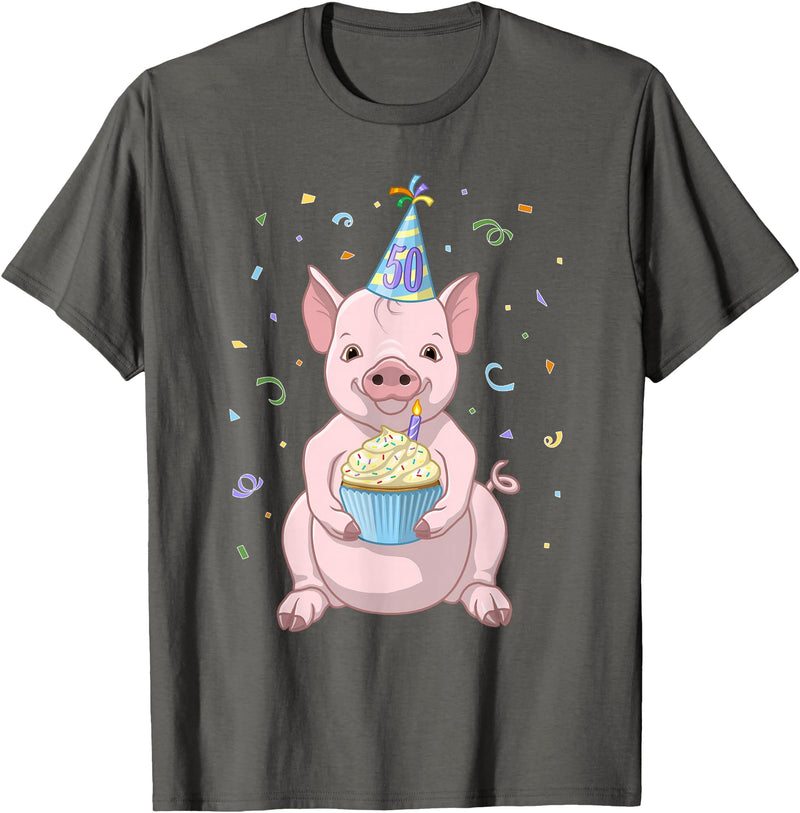 Funny Party Animals Cute Pink Pig Party Hat 50th Birthday Cupcake Gift T-Shirt - Asphalt Grey