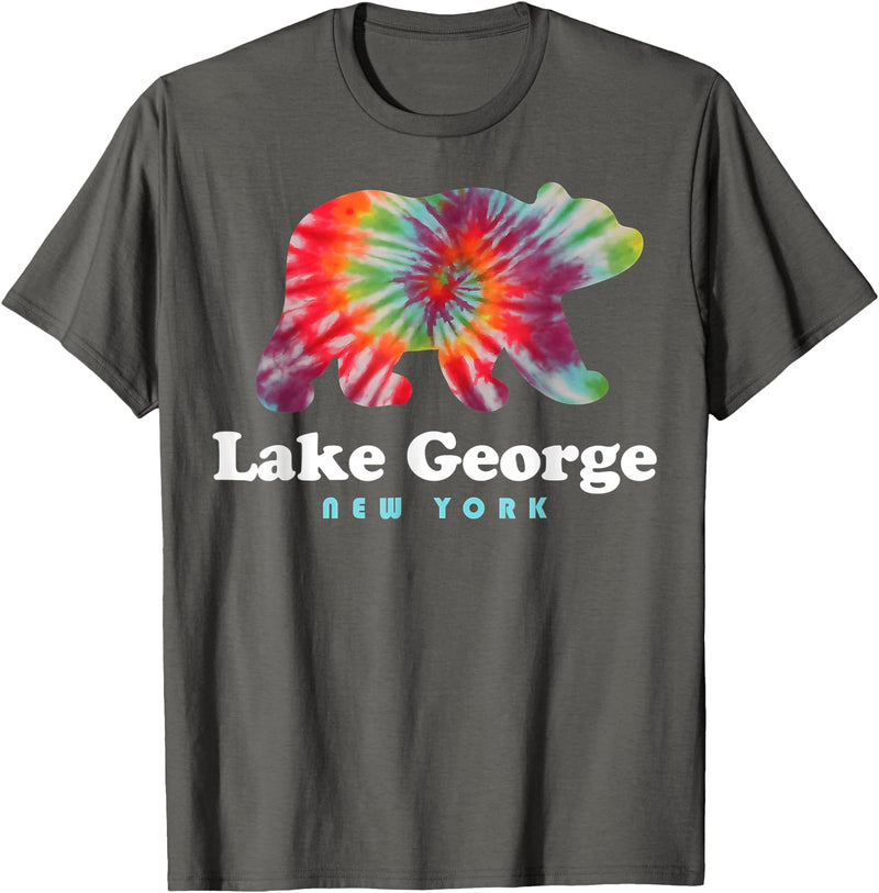 Lake George NY Bear Tie Dye New York Vacation T-Shirt - Asphalt Grey