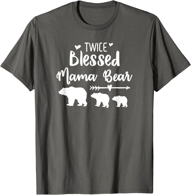 My Tribe Bear Shirts Twice Blessed Mama Bear With Two Baby Cubs Bear Shirt T-Shirt - Asphalt Grey