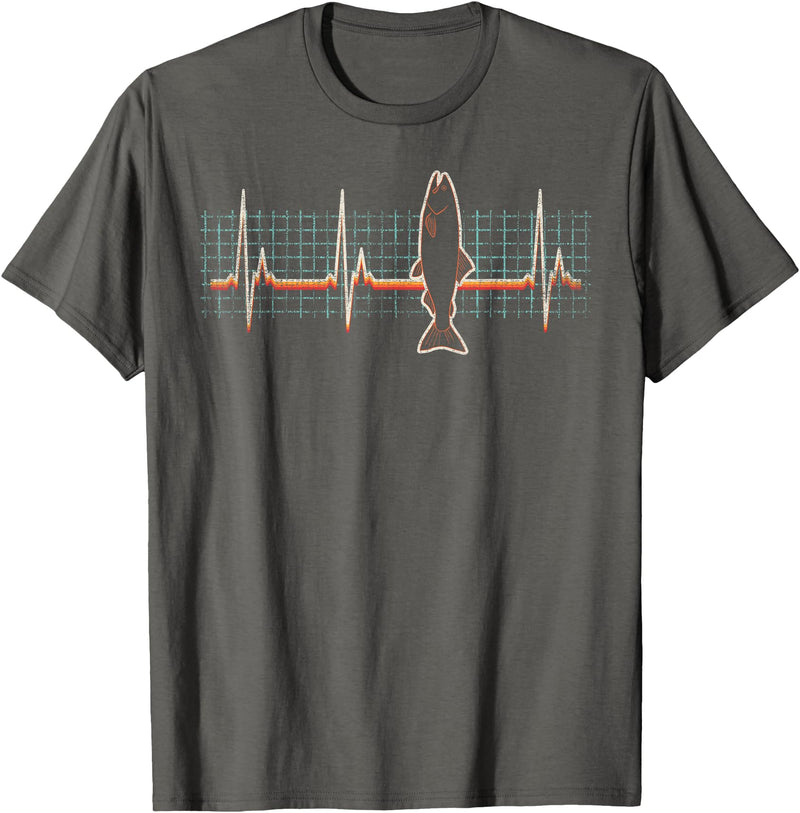 Salmon Fishing Heartbeat Retro Vintage 80s Gift Salmon Fish Retro Heartbeat Vintage 80s Style Gift T-Shirt - Asphalt Grey
