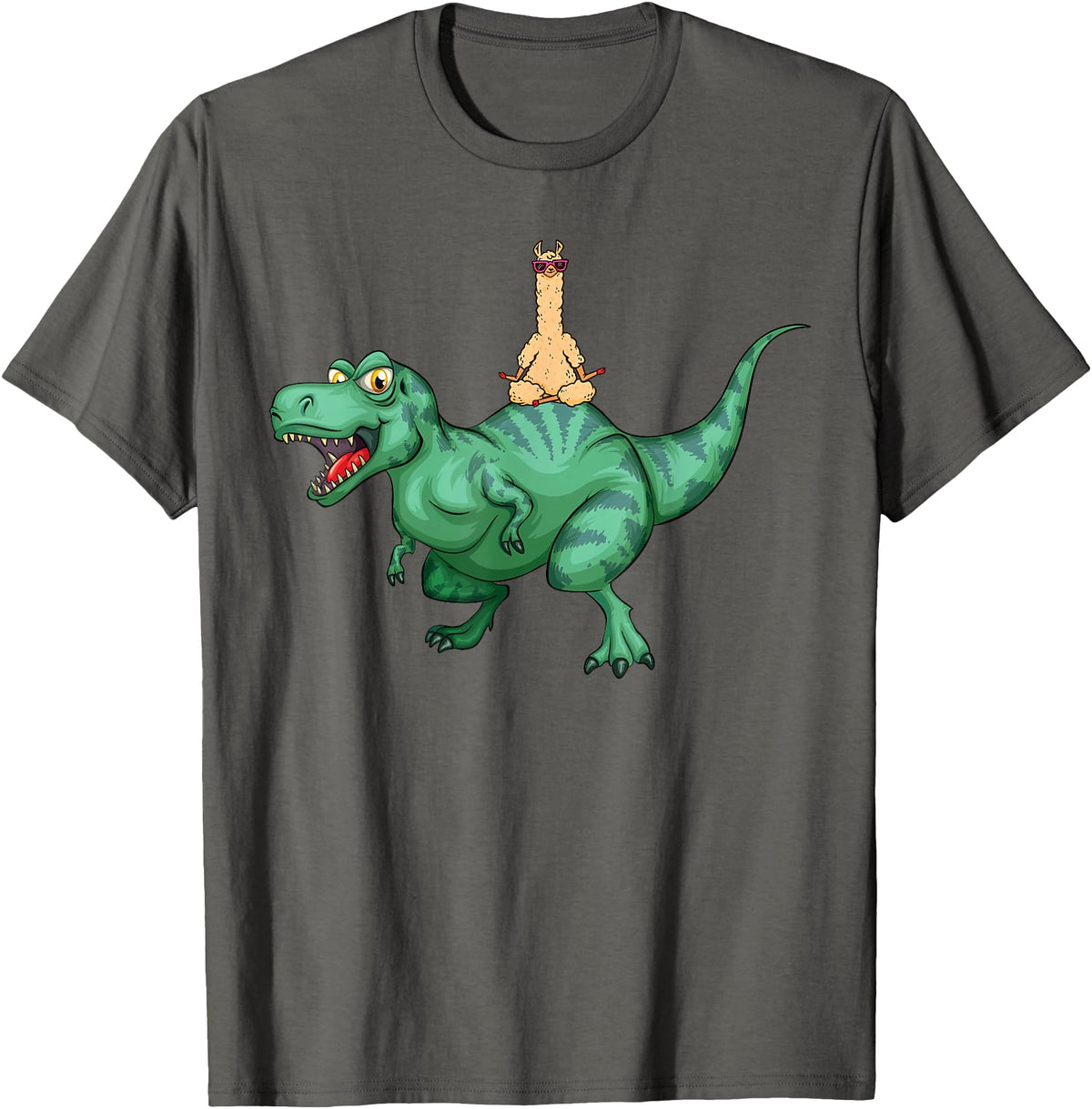 cute funny Llama Gifts and more Alpaca Llama riding Dinosaur T-Rex T-Shirt - Asphalt Grey