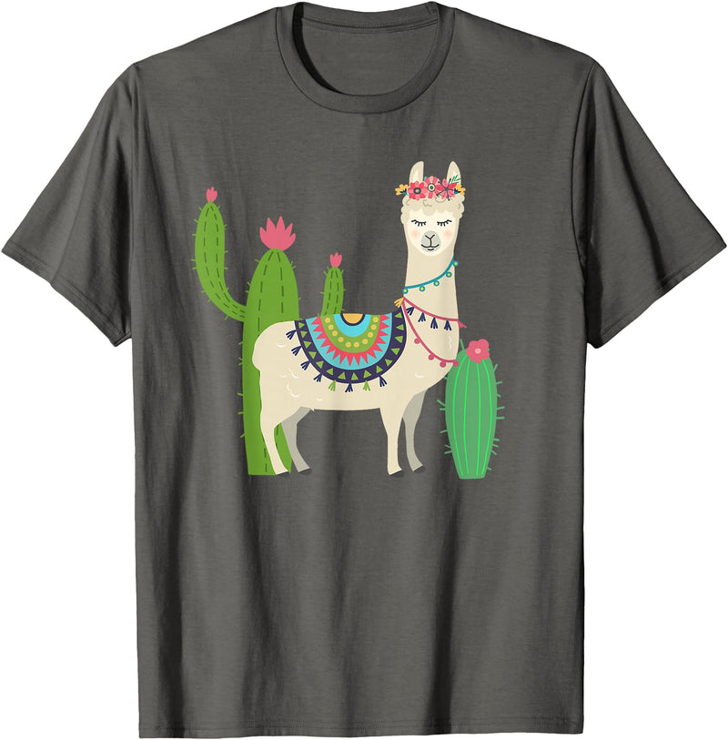 Captivaca Llama Shirts Cute Llama with Flower & Cactus/Llama Lover Gift T-Shirt Small - Asphalt Grey