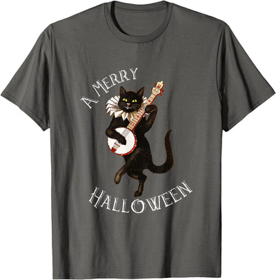 Vintage Halloween Retro Fun from Petes Treasures Vintage Black Cat Merry Halloween Not Scary Mens Womens T-Shirt