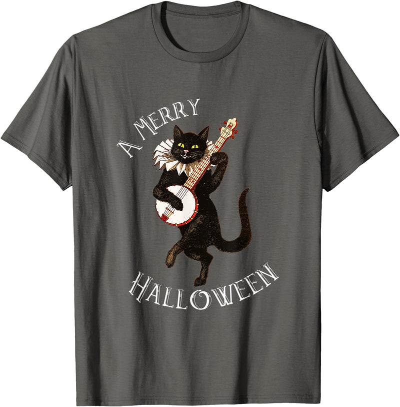 Vintage Halloween Retro Fun from Petes Treasures Vintage Black Cat Merry Halloween Not Scary Mens Womens T-Shirt - Asphalt