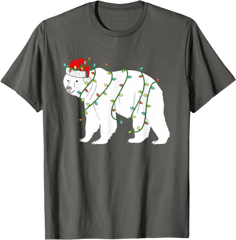 Funny Christmas Polar Bear Holiday Gifts Polar Bear Christmas Santa Hat Lights Xmas Gifts T-Shirt - Asphalt Grey