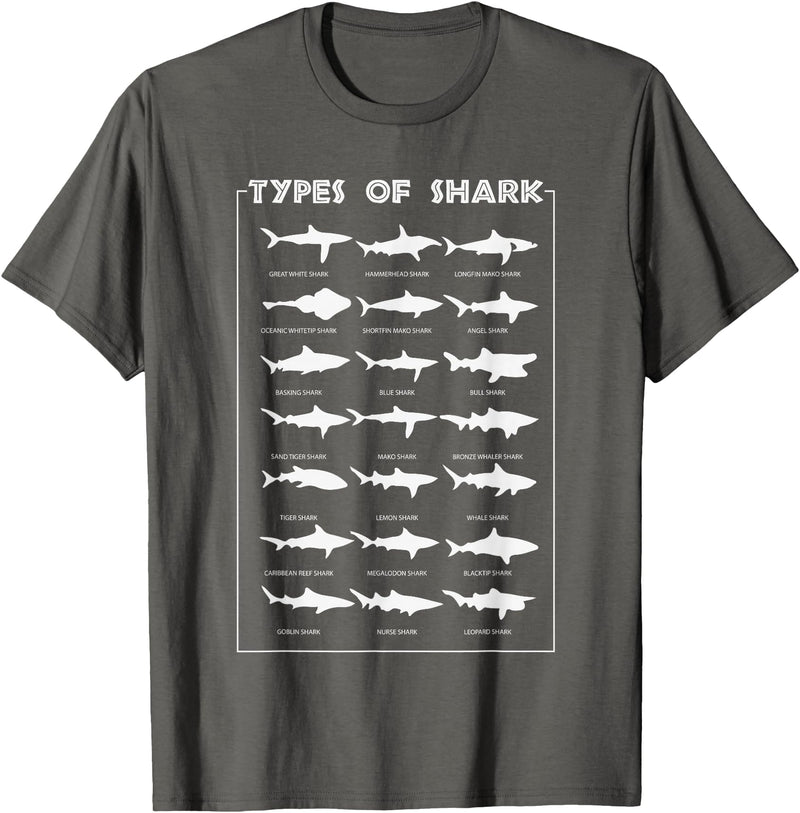 I Love Sharks Design T-Shirts 360 21 Types of Shark | Marine Biology Gift T-Shirt - Asphalt Grey