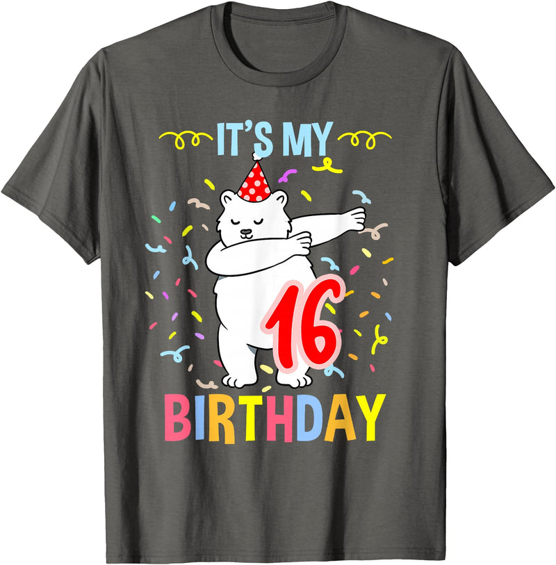 Hiking Lover Design Its My 16th Birthday Dabbing Polar Bear T-Shirt - Asphalt Grey