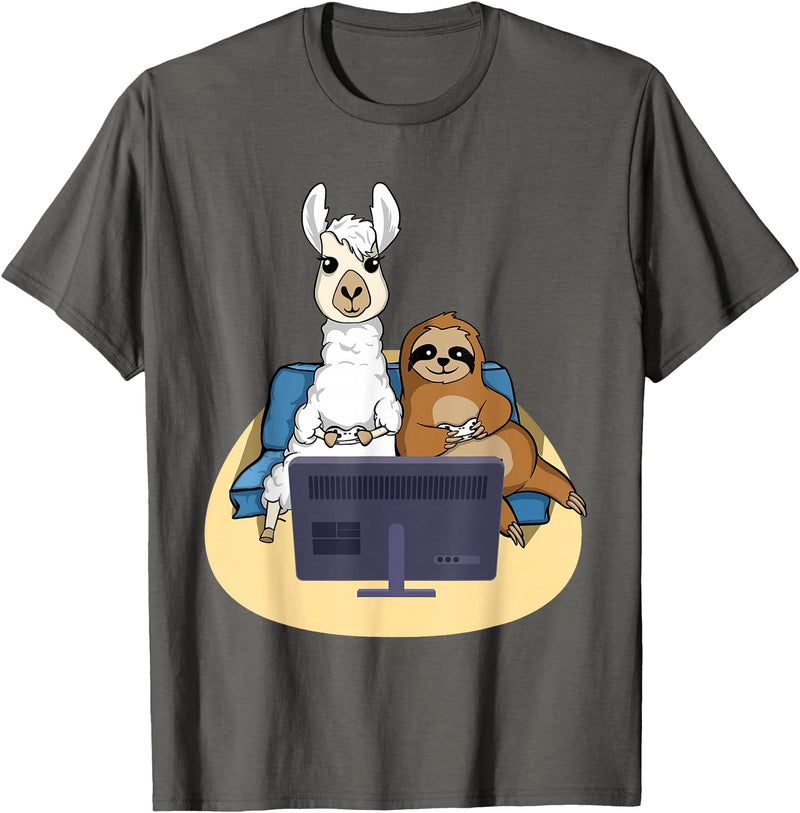 Funny Llama Shirts Sloth And Llama Gamer - Zookeeper Zoo Animal Lovers T-Shirt - Asphalt Grey