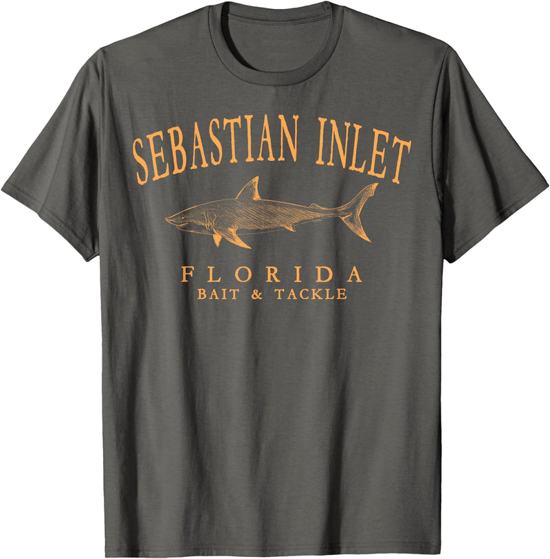 Sebastian Inlet Florida Fishing Souvenir Gifts Sebastian Inlet Florida Shark Retro Orange Art Fishing T-Shirt - Asphalt Grey
