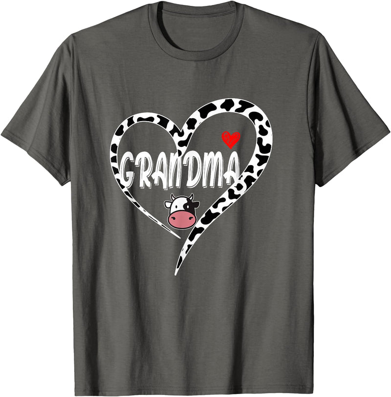 Black White Family Cow Farm Grandma Cow Print Cow Heart Pattern Farmer Cows Mother's Day T-Shirt - Asphalt Grey