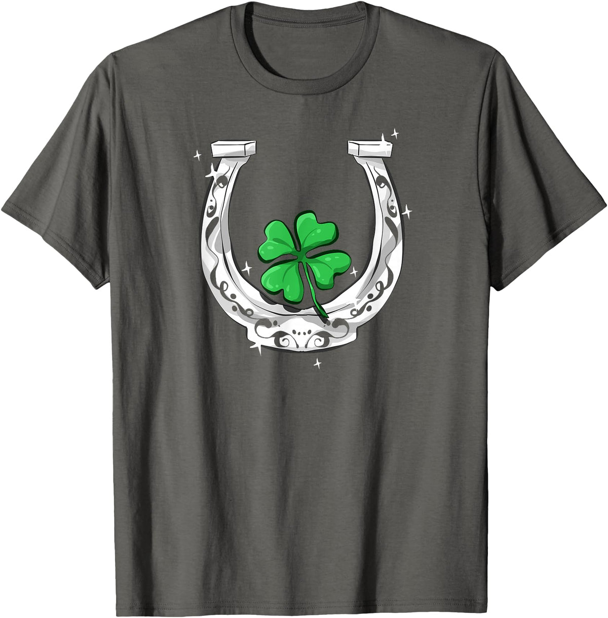Lucky Clover Horses Co Horseshoe Lucky Four Leaf Clover Horse T-Shirt - Asphalt Grey
