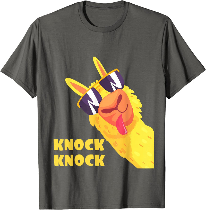 Cool Llama Humor Knock Knock Jokes Llama lovers Funny Llama Knock Knock Joke Llama With Sunglasses Alpaca T-Shirt - Asphalt Grey
