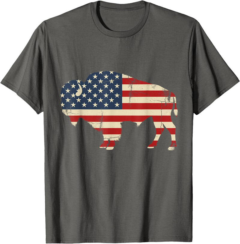 Bison American Buffalo Patriotic Heritage Lr Vintage Buffalo American Flag USA Bison Lover Wildlife T-Shirt - Asphalt Grey