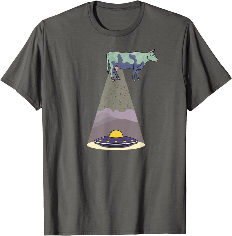 Funny Alien Abduction Cow UFO T-Shirt - Asphalt Grey