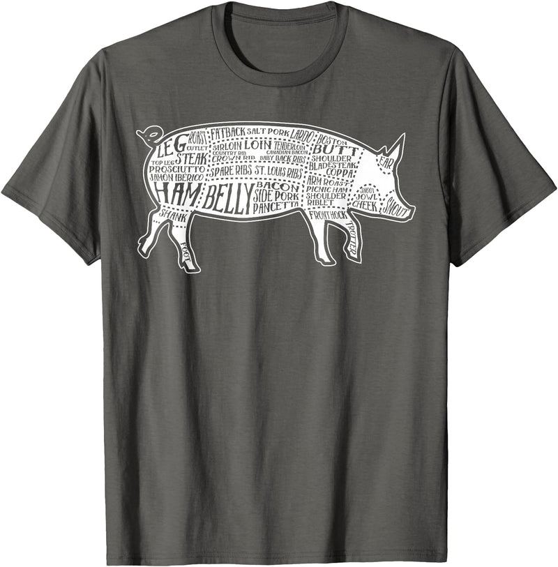 Pig Grilling Pork BBQ Bacon Lover Fun Gift Idea Lard Cuts Image Pig Parts Diagram Illustration Butcher Print T-Shirt - Asphalt Grey