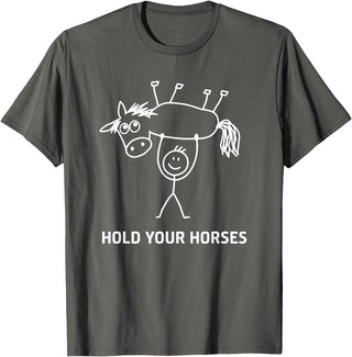 Holding Horse In Air Hold Your Horses, Gag Gifts Guy Holding Horse in Air Hold Your Horses, Funny, Jokes T-Shirt - Asphalt Grey