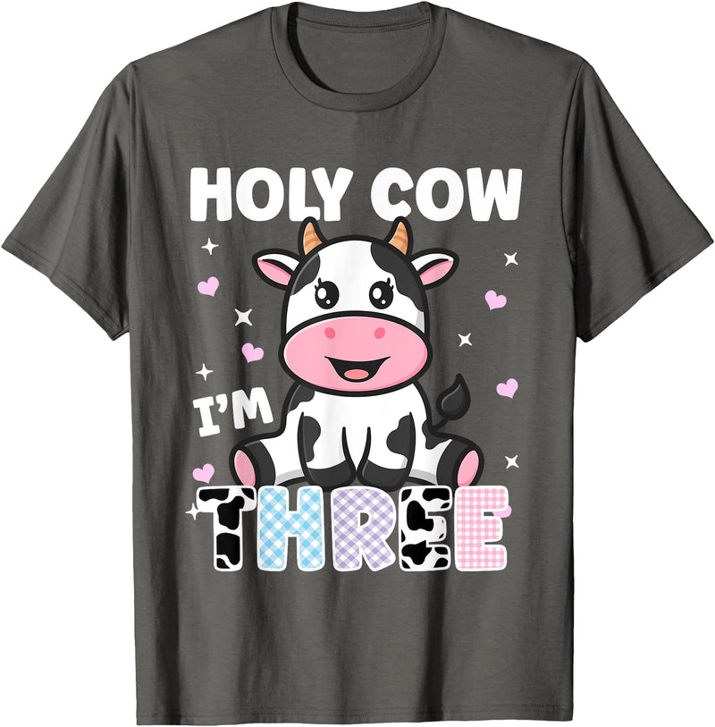 Holy Cow I'm Years Old Cow Birthday by Zynx Holy Cow I'm Three Years Old Cute Cow 3rd Birthday Party T-Shirt - Asphalt Grey