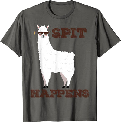 Animal Llama with Sunglasses Gift Shirts Spit Happens Funny Llama T-Shirt Cool Llama Alpaca Lover Tee for Men, Women & Kids, Black, Small, Short Sleeve, Classic Fit