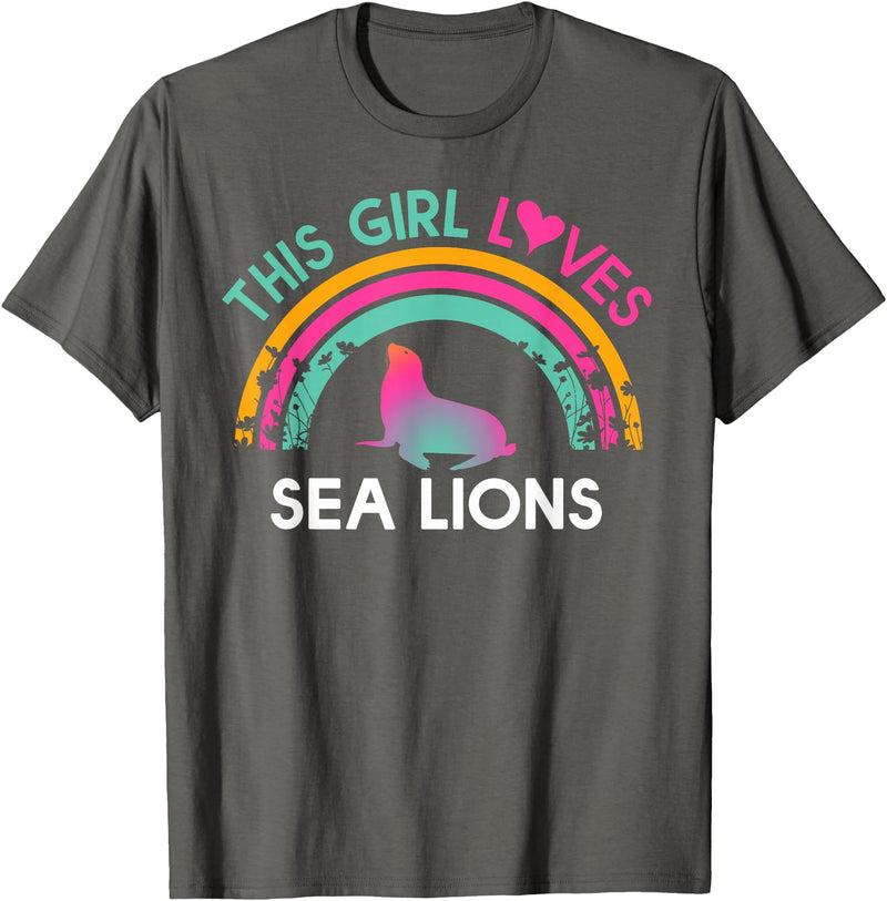 Rainbow Sea lions Outfit for toddler Girl Kids this Girl Loves Sea lions Cute Rainbow Silhouette T-Shirt - Asphalt Grey