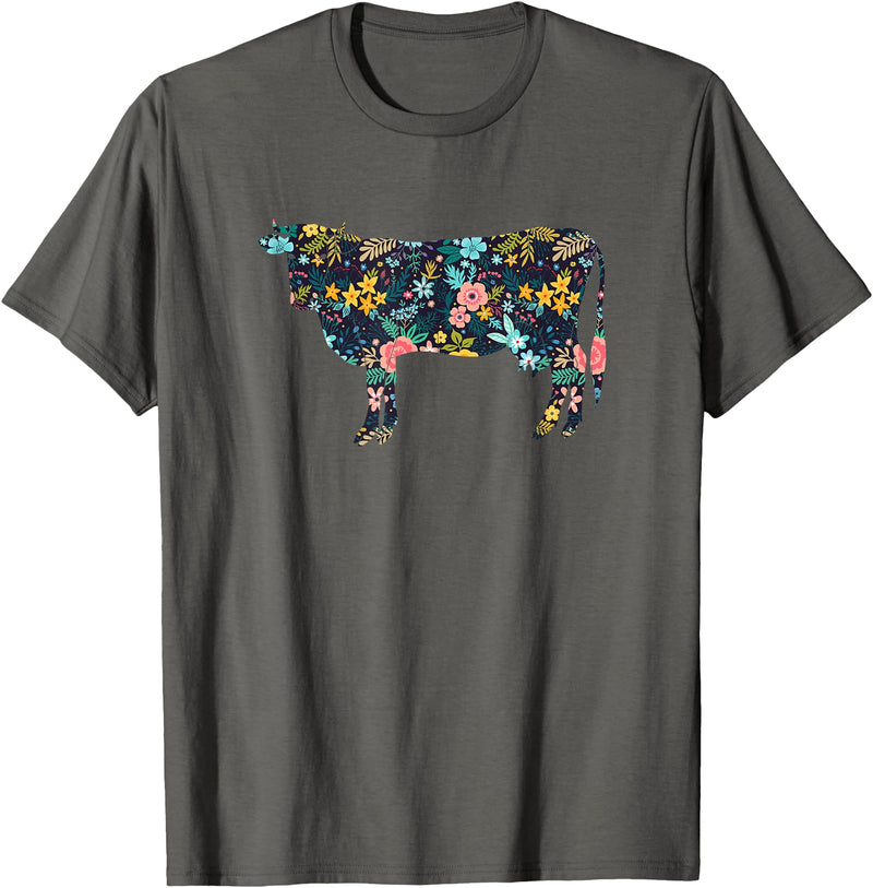 Cow Floral Silhouette Cattle Farm Lover Floral Cow Silhouette Womens Girls Cow Farm Animal T-Shirt - Asphalt Grey