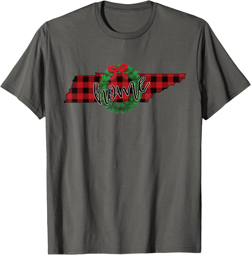 USA State Tennessee Christmas Buffalo Plaid Tennessee Buffalo Plaid Christmas Home Wreath Retro T-Shirt - Asphalt Grey