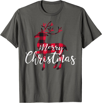 Black and Red Buffalo Plaid Rustic Deer Merry Christmas T-Shirt