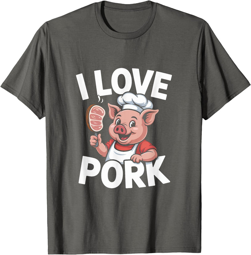 Pig Chef Barbecue Enthusiast Humor I Love Pork Funny Pig Chef Cartoon BBQ T-Shirt - Asphalt Grey