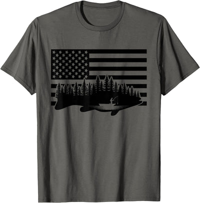 American Flag Fishing T-Shirt - Grey, Small, Unisex, Short Sleeve, Crew Neck, Classic Fit, Polyester 100%, Imported, Fishing Enthusiasts