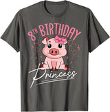 Pig Birthday 8 Cute Piggy Barn Party Apparel Pig 8th Birthday Princess Farm Party Hog Farmer Barnyard T-Shirt - Asphalt Grey