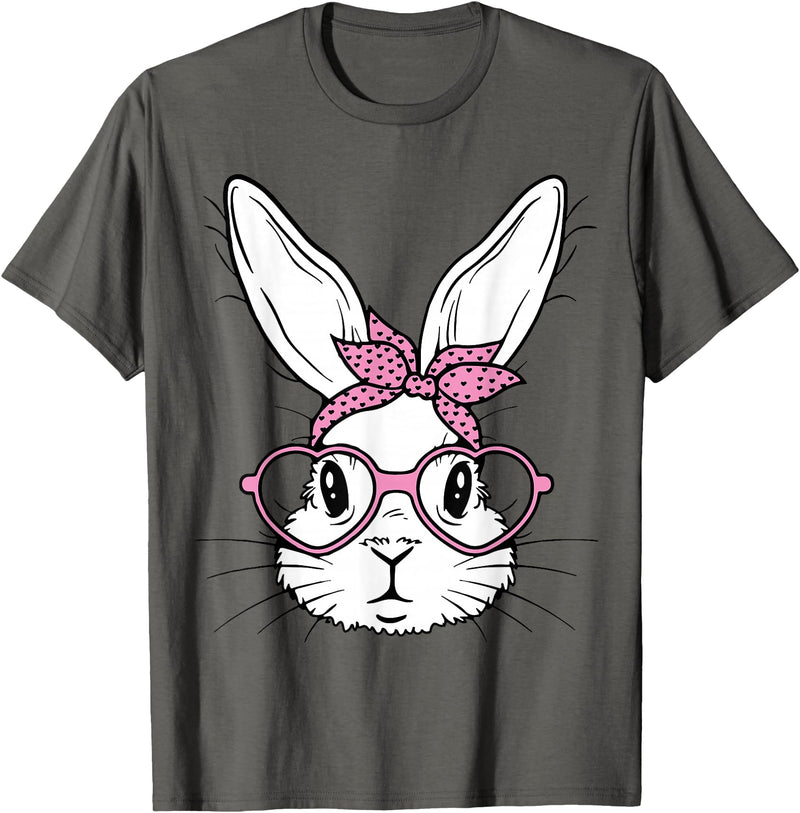 Cute Bunny Rabbit Face with Bandana Heart Glasses Easter Day T-Shirt in Asphalt Grey