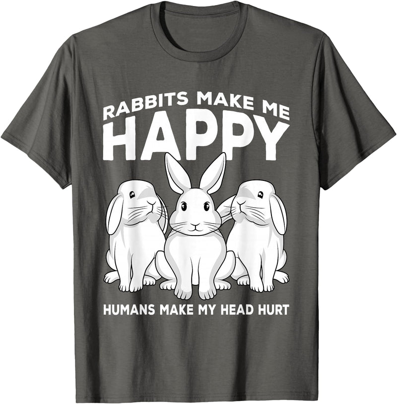 Rabbits Make Me Happy Humans Make My Head Hurt Gift T-Shirt in Asphalt Grey