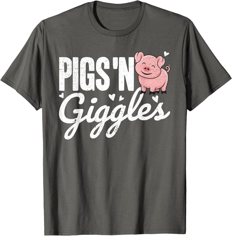 The Cute Pig Farming Apparel Co. Pigs 'n Giggles Funny Farm Pig Farmer Pigs Women Girls T-Shirt - Asphalt Grey