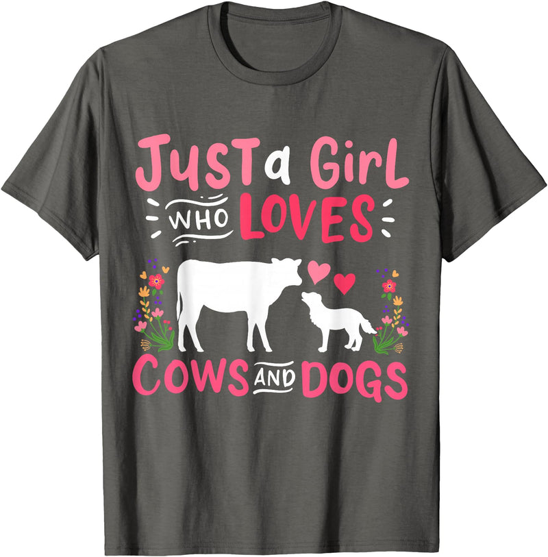 Cow Lover Gift Just a Girl Who Loves Cows and Dogs Farmer T-Shirt - Asphalt Grey
