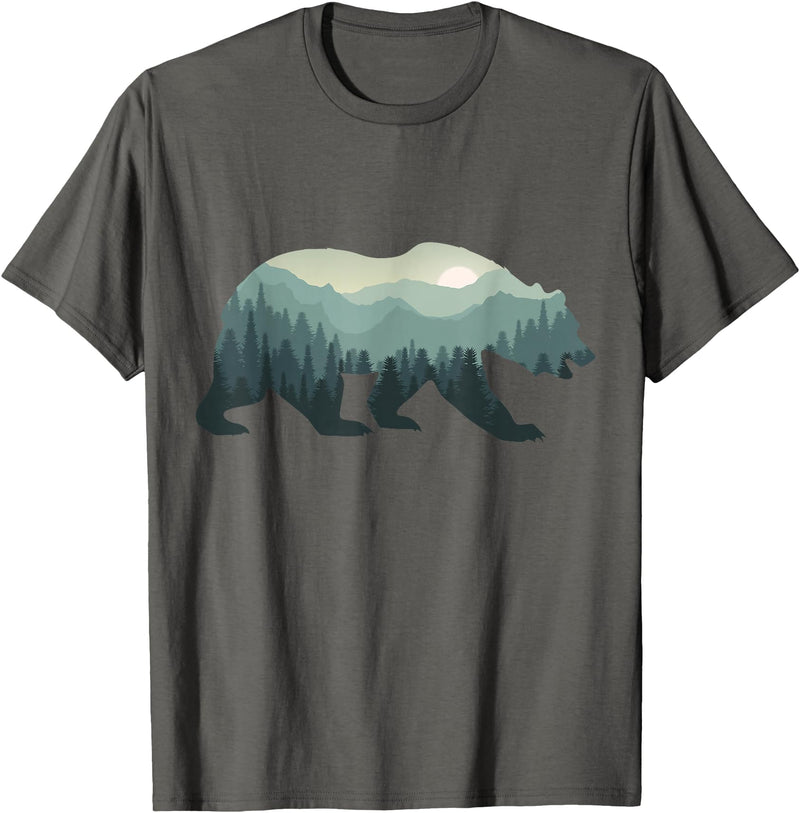 Outdoors Gift Ideas Camping Stuff Men Graphic Tees Misty Forest Bear Silhouette Wildlife Nature Lover T-Shirt - Asphalt Grey