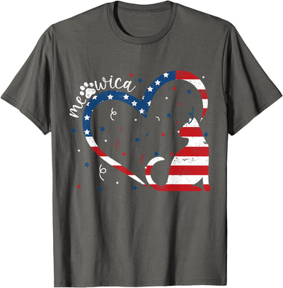 Meowica 4th of July Cat Kitten Cat 4th Of July USA American Flag Patriotic Heart Cat Paw T-Shirt