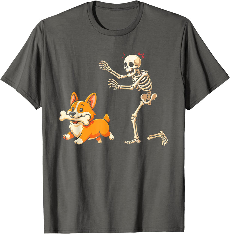 Funny Skeleton Chasing Dog Corgi Halloween Dog Funny Skeleton Chasing Corgi Dog T-Shirt - Asphalt Grey