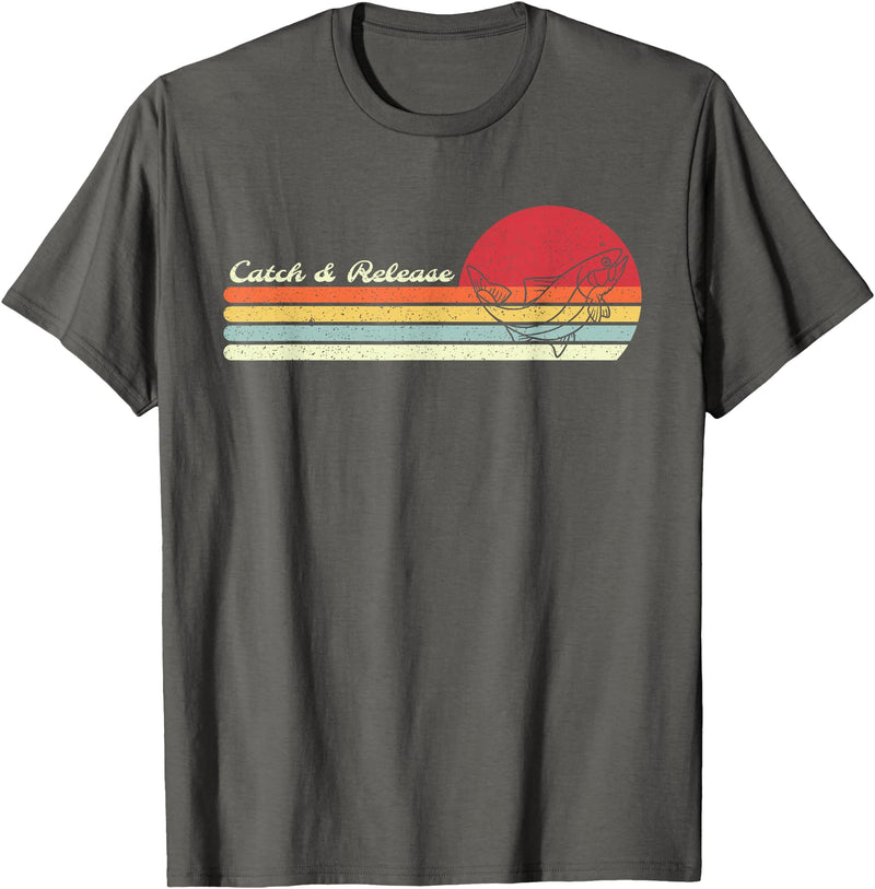 Retro Sunset Brook Trout Salmon Fisherman Designs Angler Catch & Release Trout Fly Fishing Vintage Distressed T-Shirt - Asphalt Grey