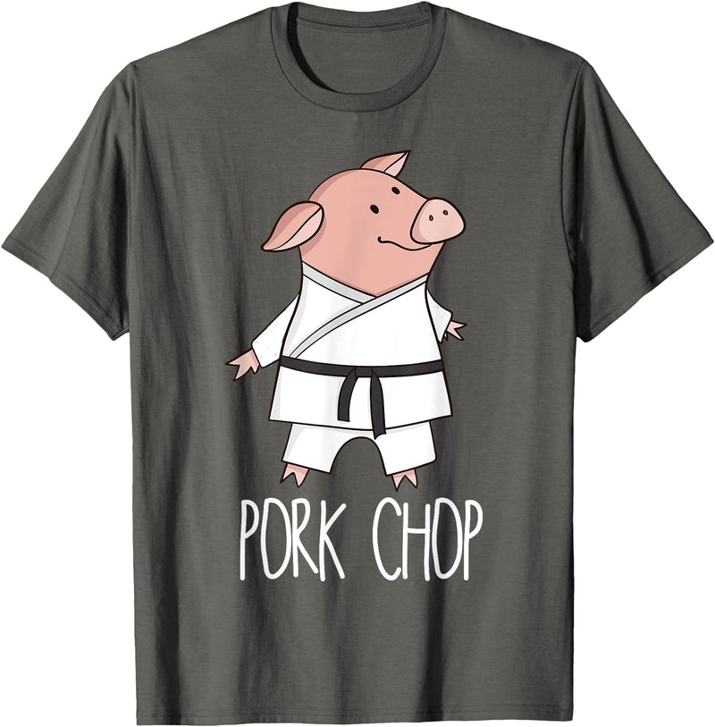 Funny Pig Pun Shirts Pork Chop - Funny Pig Animal Pun Karate T-Shirt - Asphalt Grey