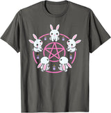 Bunny Rabbit Pentacle Pentagram Pink Pastel Goth Dark Humor T-Shirt in Asphalt Grey