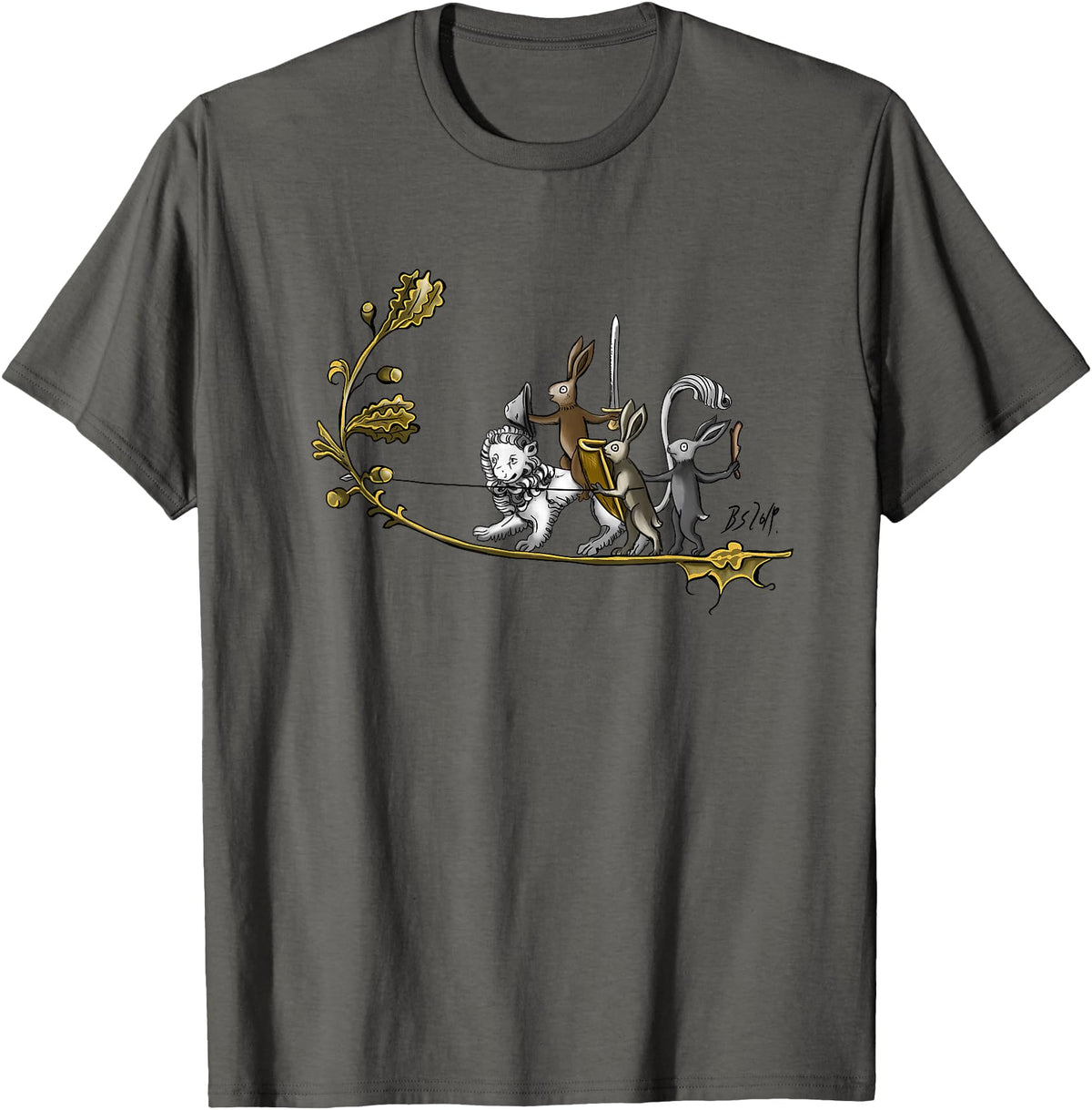 Cute Medieval Rabbits Lover Bunny Graphic T-Shirt in Asphalt Grey