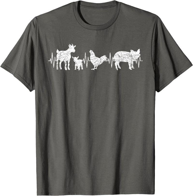 Farmer Farm Animal Lover Gifts Goat Chicken Pig Agriculture Heartbeat Farm Animals T-Shirt - Asphalt Grey