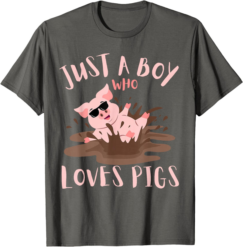 Funny Pig Lover Farm Animals Just A Boy Who Loves Pigs sunglasses In the Mud Kids Boy T-Shirt - Asphalt Grey