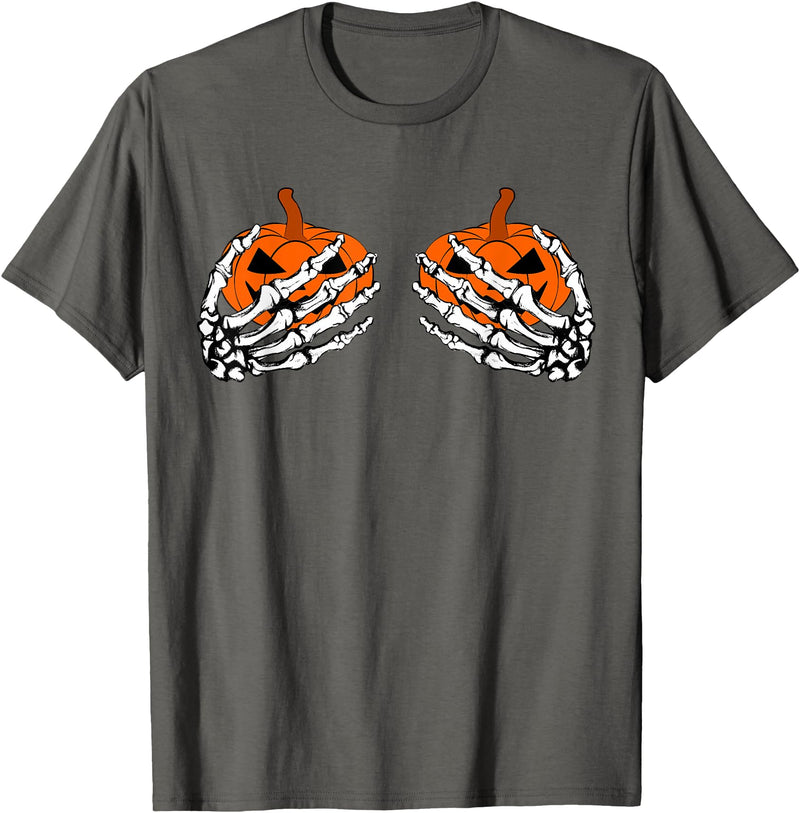 Fun Skeleton Pumpkin Boobies Halloween Costume Illustration T-Shirt - Asphalt Grey