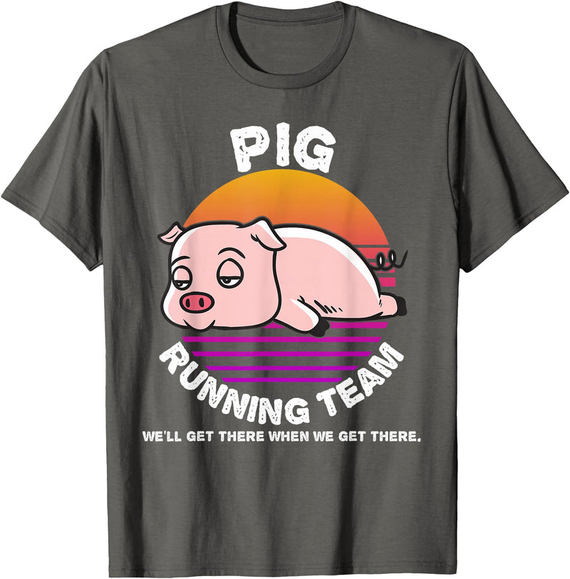 Running Shirts by CrushRetro Funny Farm Pig Running Team Shirt Kids Men Women Gift T-Shirt - Asphalt Grey