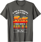 anti vegan shirt I funny bbq bacon fans A Pig, A Chicken, And A Cow Walk Into A Barbecue Bar-B-Q T-Shirt - Asphalt Grey